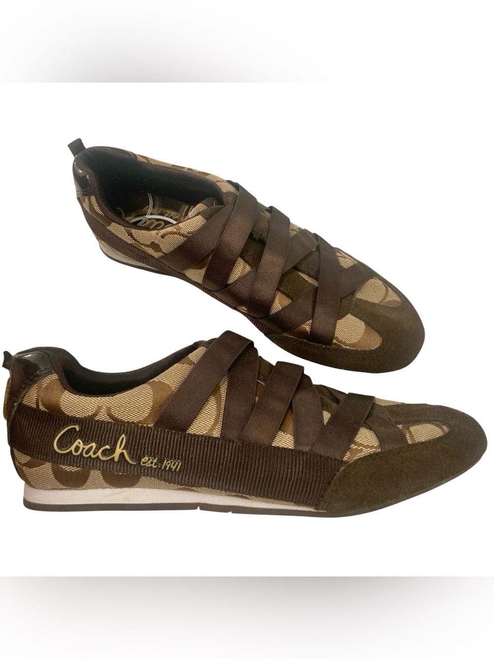 Coach Harmonie Signature Monogram Logo Sneakers Shoes Y2K Brown Tan Straps 6.5